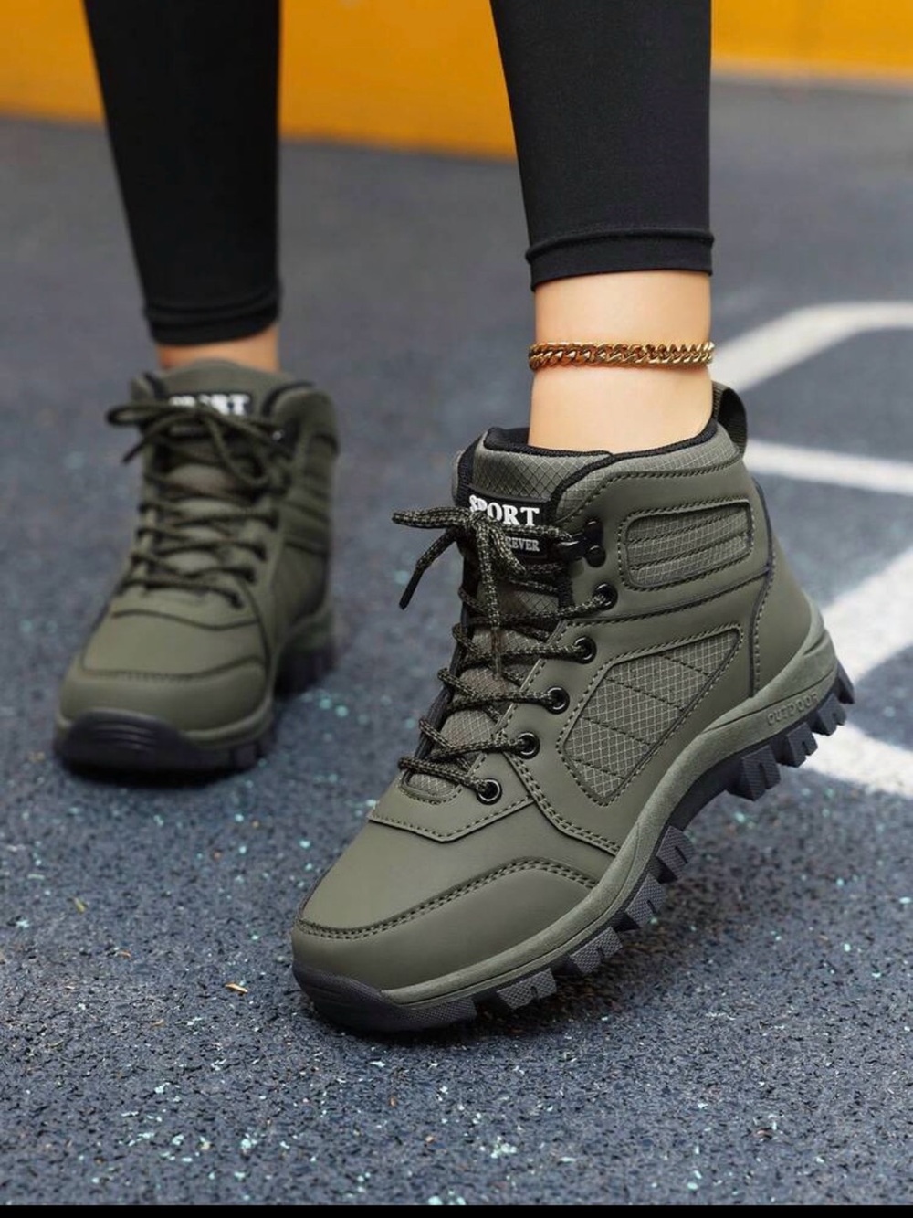 SHEIN Army Green Lace-Up Lightweight Outdoor Boots